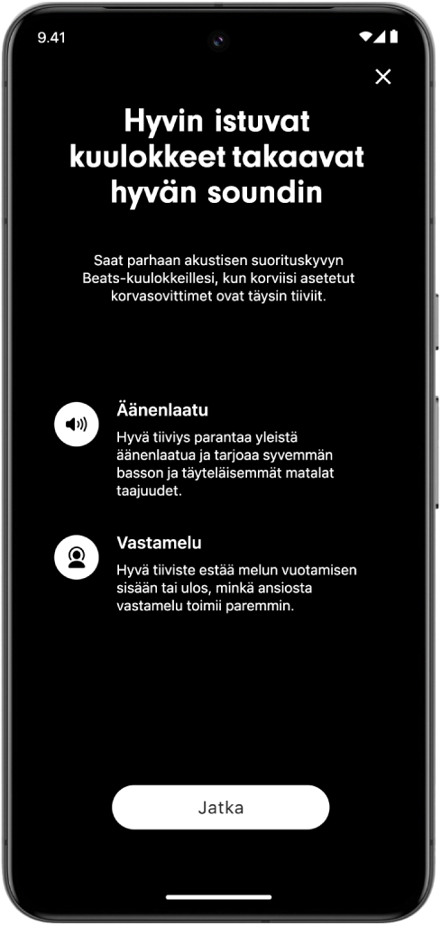 Android-laitteen näyttö, jossa näkyy korvasovitinten testaus.