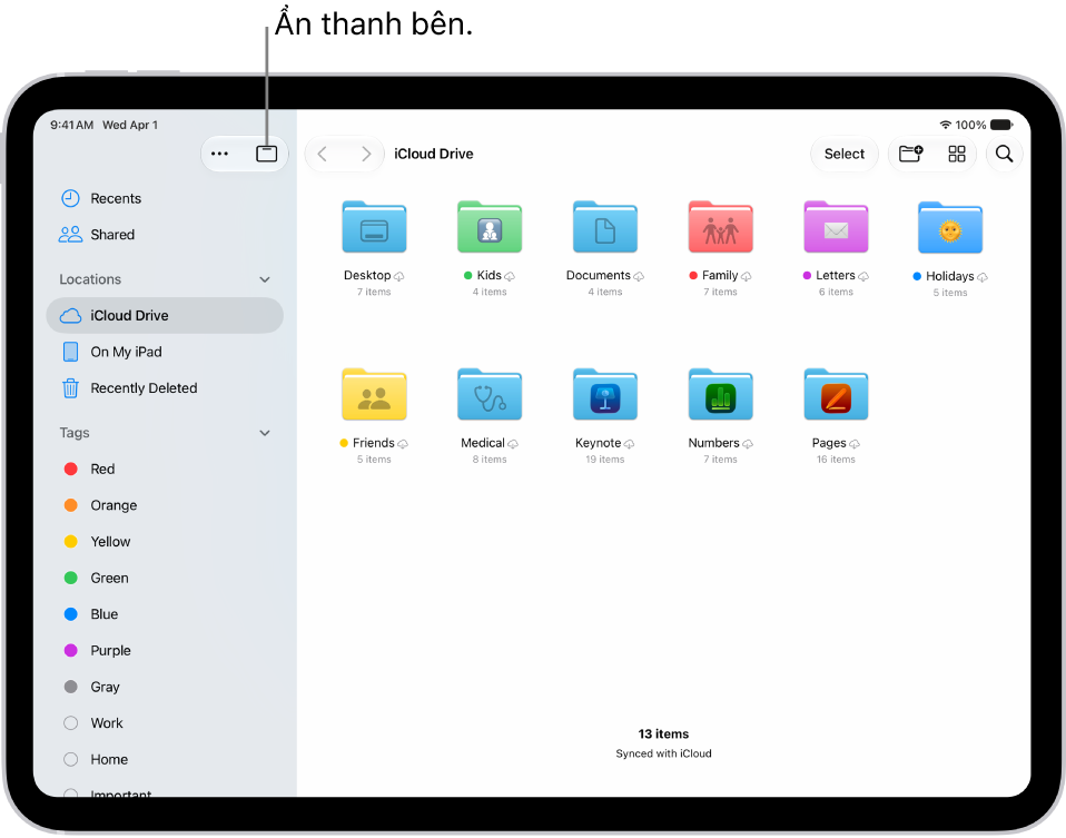 Ứng dụng Tệp đang hiển thị các tệp và thư mục trong iCloud Drive của bạn. Ở đầu màn hình là các nút để chọn mục, tạo một thư mục mới, thay đổi chế độ xem (Danh sách, Biểu tượng, Cột) và Tìm kiếm.