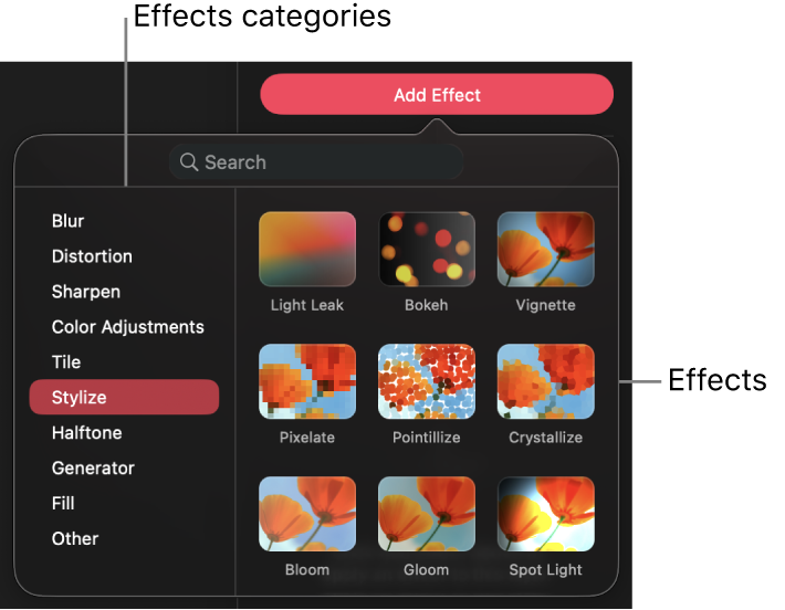 The Effects browser open and displaying thumbnails of various effects categories and presets in the current category that can be applied to the selected layer.
