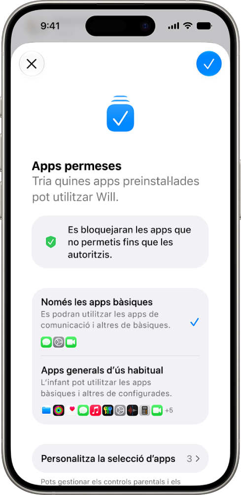 A la pantalla d’apps permeses es mostren opcions per permetre només les apps essencials.