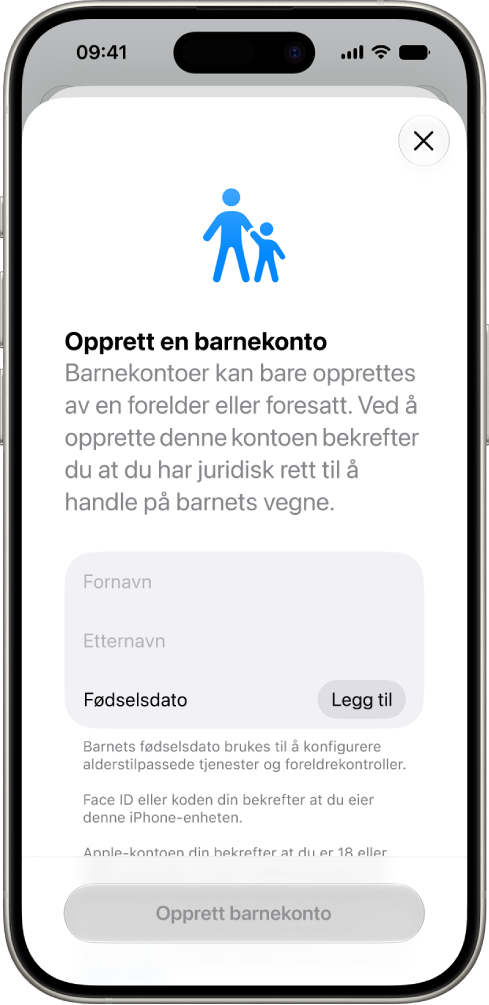 Skjermen Opprett en barnekonto viser alternativer for å legge til fornavn, etternavn og fødselsdato.