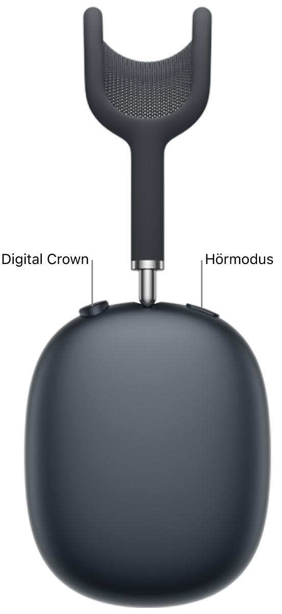 Der rechte Kopfhörer der AirPods&nbsp;Max&nbsp;2 mit der Digital Crown oben links auf dem Kopfhörer und der Taste „Hörmodus“ oben rechts.