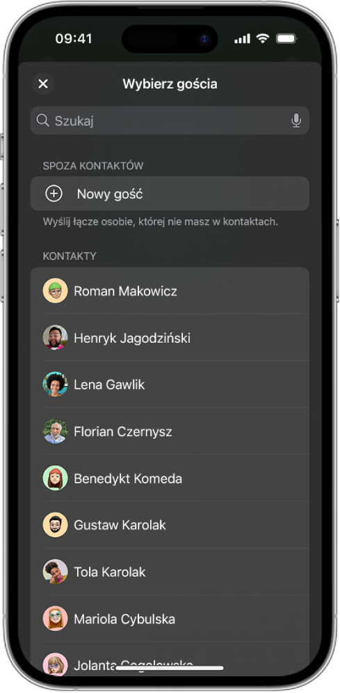 Ekran Wyślij zaproszenia oraz lista kontaktów na iPhonie.