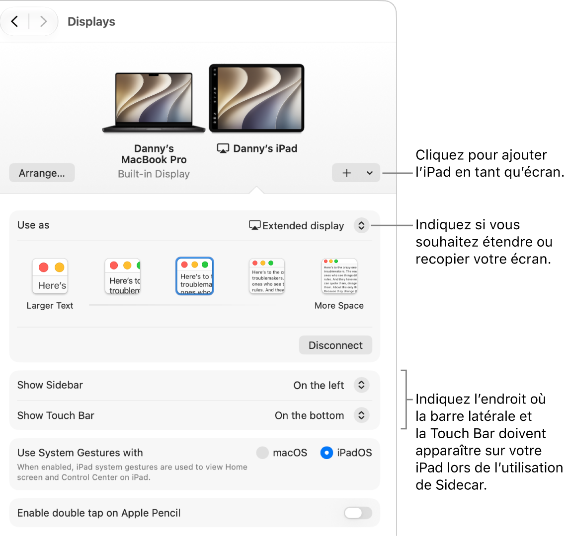 La sous-fenêtre des réglages Moniteurs sur Mac affichant les options de configuration de Sidecar.