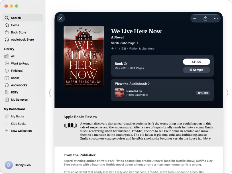 A window with a book title in the search field on the left. On the right, the book’s page is displayed with options to buy the book or audiobook or to read a sample. The window also shows reviews and a note from the publisher.