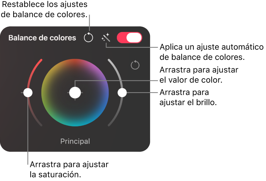 Control de la rueda de “Balance de color” en el panel “Ajustes de color”.