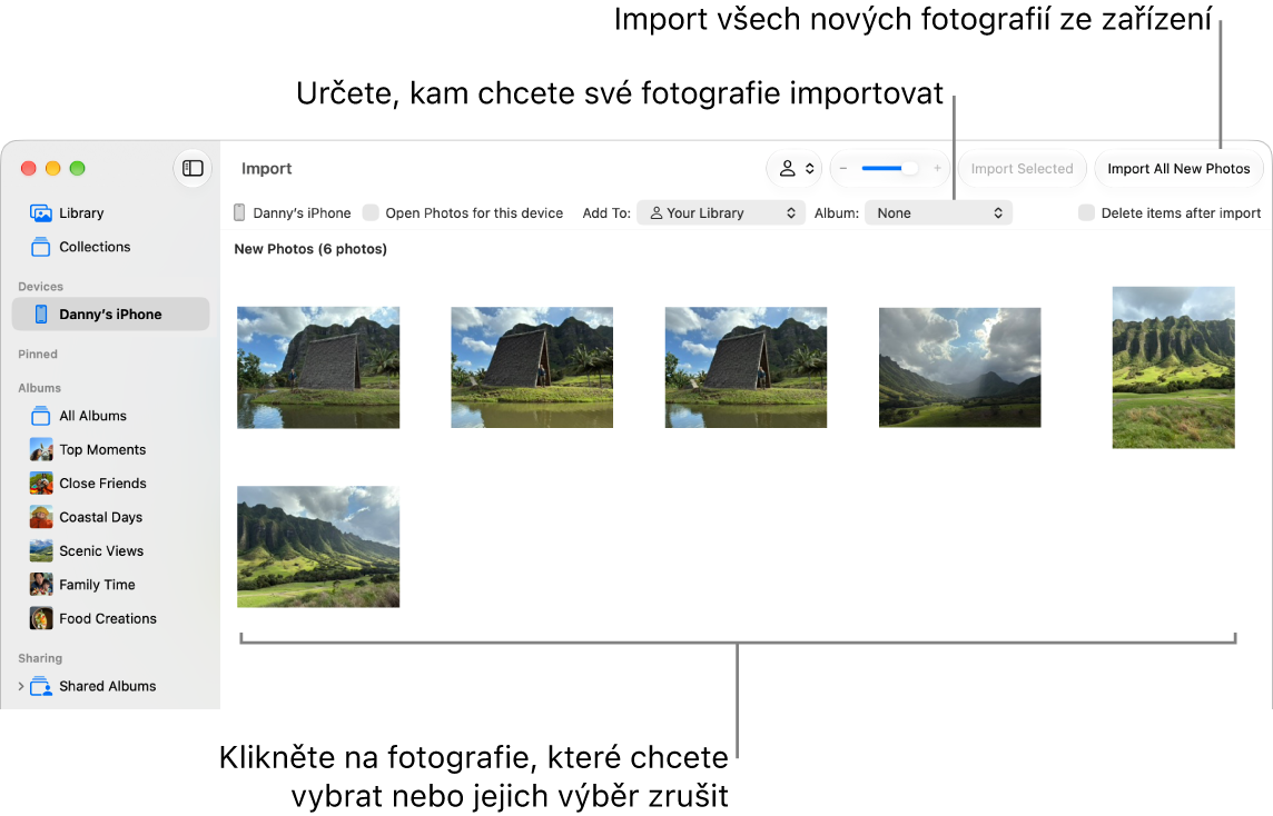 Okno Import v&nbsp;aplikaci Fotky na Macu zobrazující nové fotky na zařízení Nahoře uprostřed je místní nabídka Album. Tlačítka importu se nacházejí vpravo nahoře
