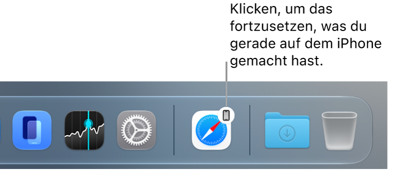 Das Symbol „Handoff“ ist im Dock auf einem Mac sichtbar.