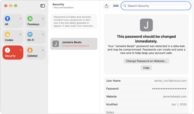 The main screen for the Passwords app, showing the types of passwords in the sidebar on the left (with Security selected), a list of password accounts with potential security concerns in the middle (with Bazare selected), and the details of the Bazare account security concern on the right.
