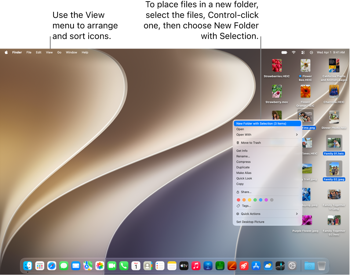 A desktop showing files and folders. Several files are selected to be placed in a new folder. A pop-up menu for a selected file appears, with New Folder with Selection chosen.