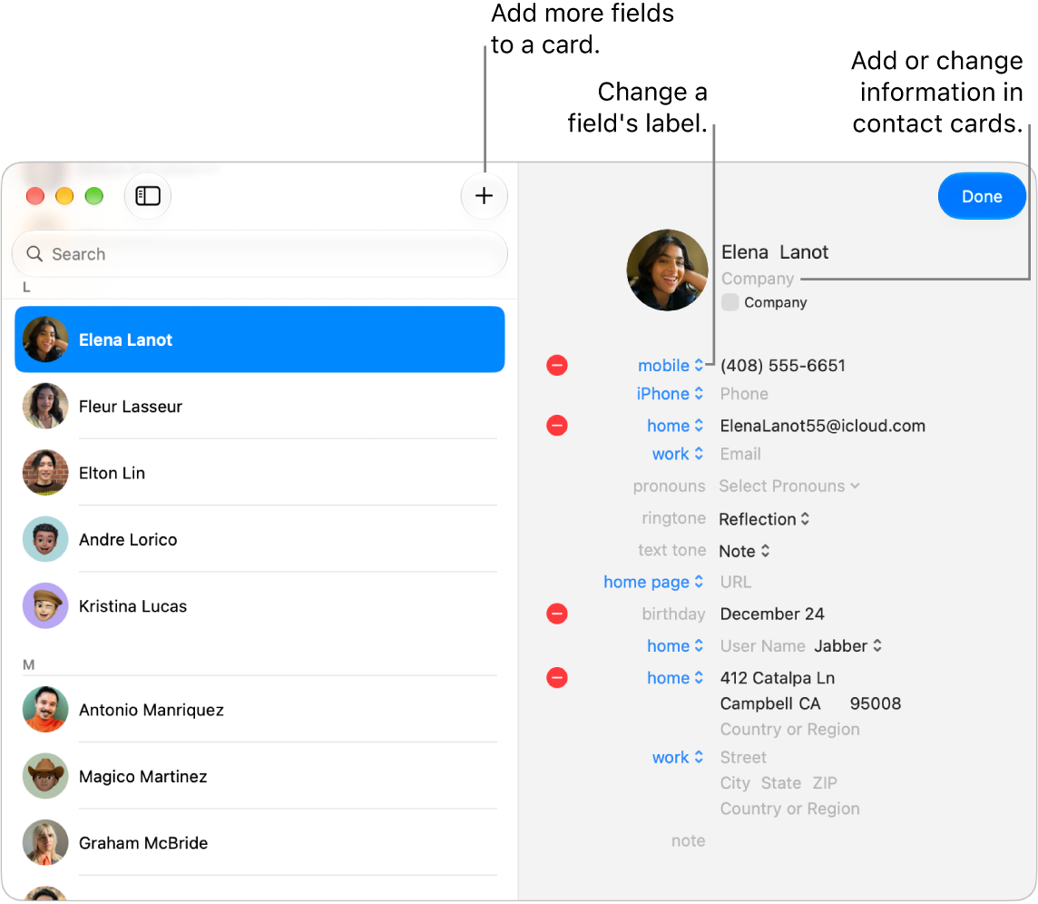 A contact card in edit mode, showing field labels, the Add and Remove buttons, and fields for entering information.
