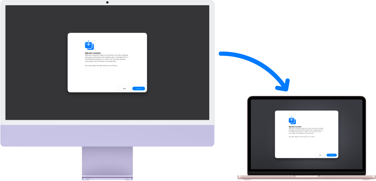 Una iMac y una MacBook&nbsp;Neo mostrando la pantalla del Asistente de Migración. Una flecha de la iMac a la MacBook&nbsp;Neo indica la transferencia de datos de una computadora a la otra.