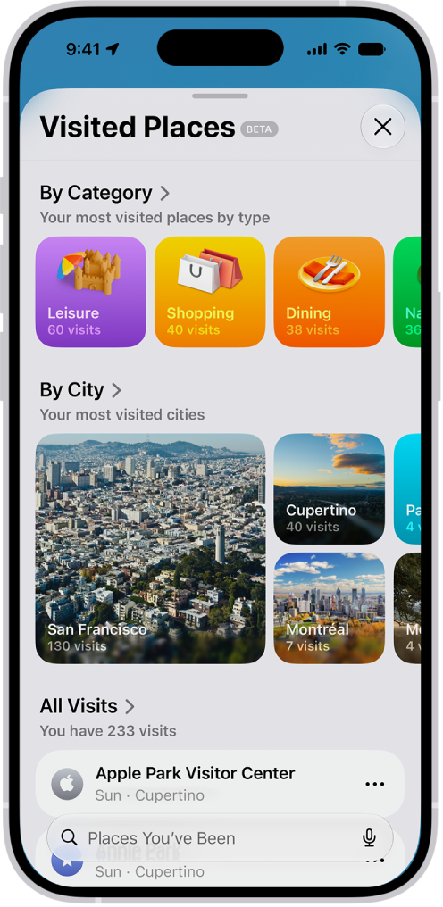 The Visited Places screen in the Maps app. Leisure, Shopping, Dining, and Nature appear as categories, each with a number indicating how many visits were made in that category.