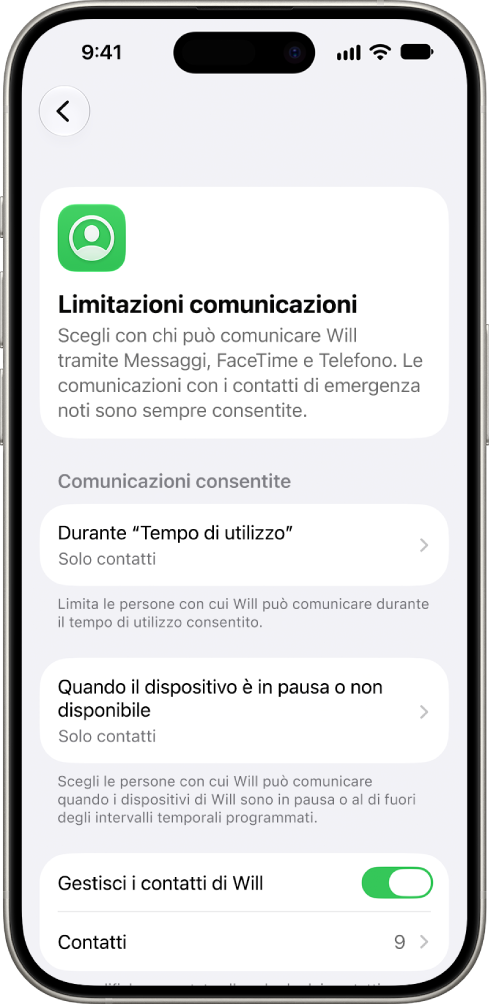La schermata “Contatti consentiti” nelle impostazioni di “Tempo di utilizzo” che mostra le comunicazioni consentite durante il tempo di utilizzo e quando i dispositivi sono in pausa, oltre all’opzione di gestione dei contatti.