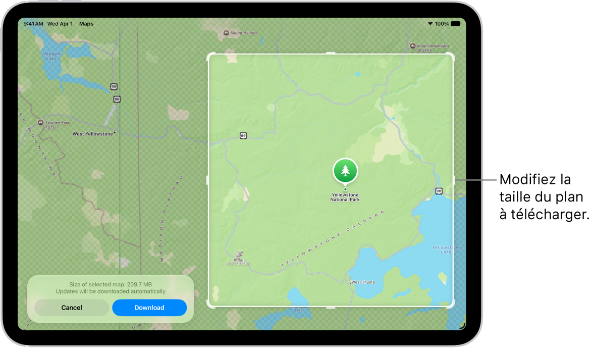 Un iPad affichant un plan d’un parc national. Le parc est encadré par un rectangle avec des poignées, qui peuvent être déplacées pour modifier la taille du plan à télécharger. La taille de téléchargement du plan sélectionné est indiquée vers le bas du plan. Les boutons Annuler et Télécharger se trouvent en bas de l’écran.