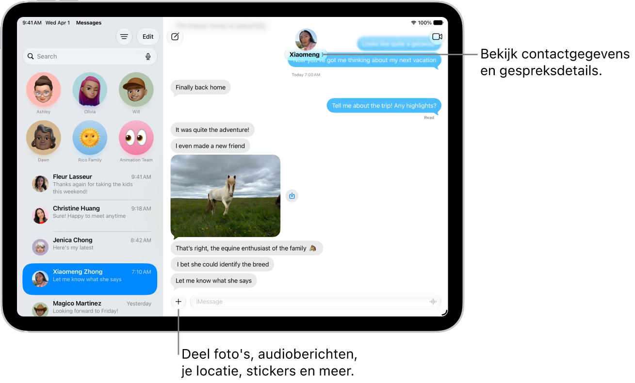 Links de gesprekkenlijst in Berichten en rechts een gesprek. Bovenin kun je op het contactsymbool tikken om de gespreksdetails te openen.