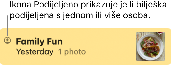 Bilješka koja je podijeljena s drugima u razgovoru aplikacije Poruke, s ikonom Dijeljeno s lijeve strane naziva bilješke.
