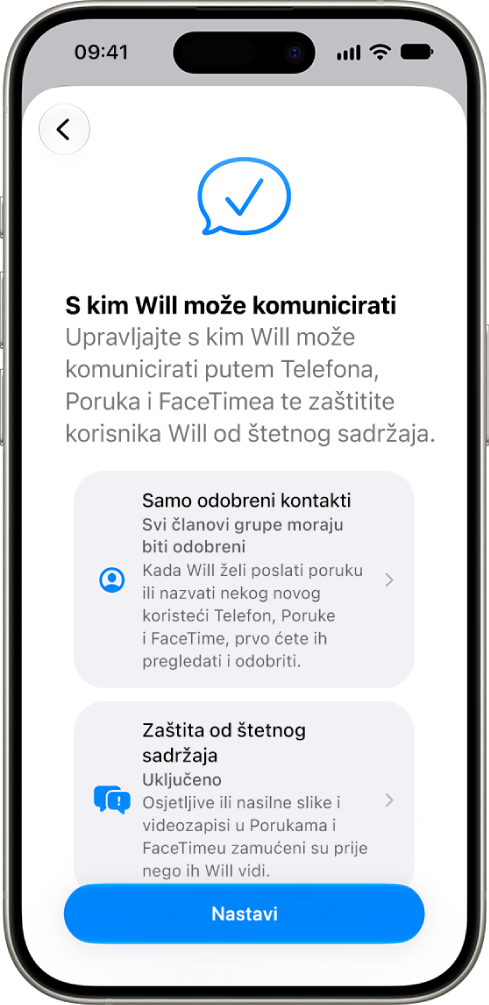 Zaslon za podešavanje roditeljskih kontrola koji prikazuje opcije za to s kim dijete može komunicirati.