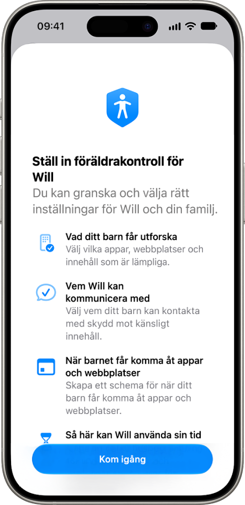 Skärmen för att ställa in föräldrakontroller med alternativ för att komma igång.