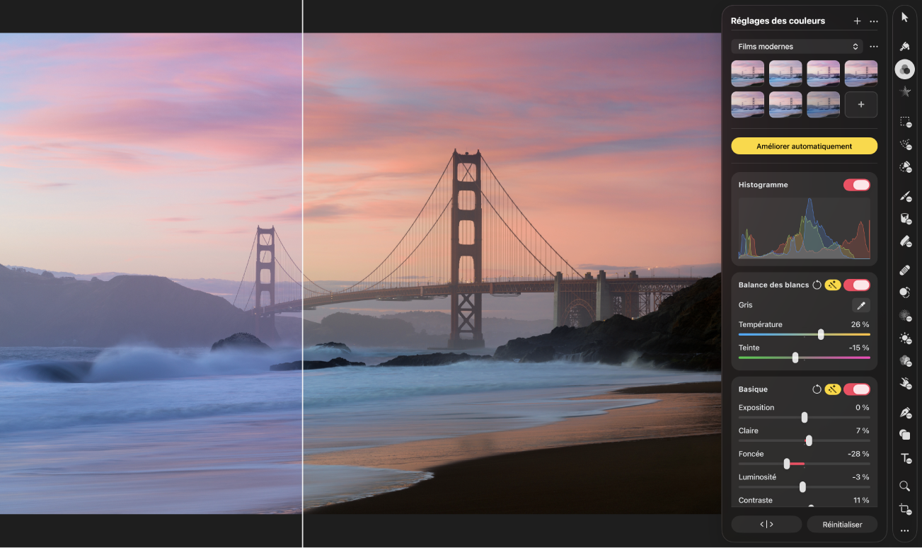 Comparaison en vue partagée dans la zone de travail montrant l’image d’un pont avec et sans le réglage «&nbsp;Améliorer automatiquement&nbsp;» appliqué.