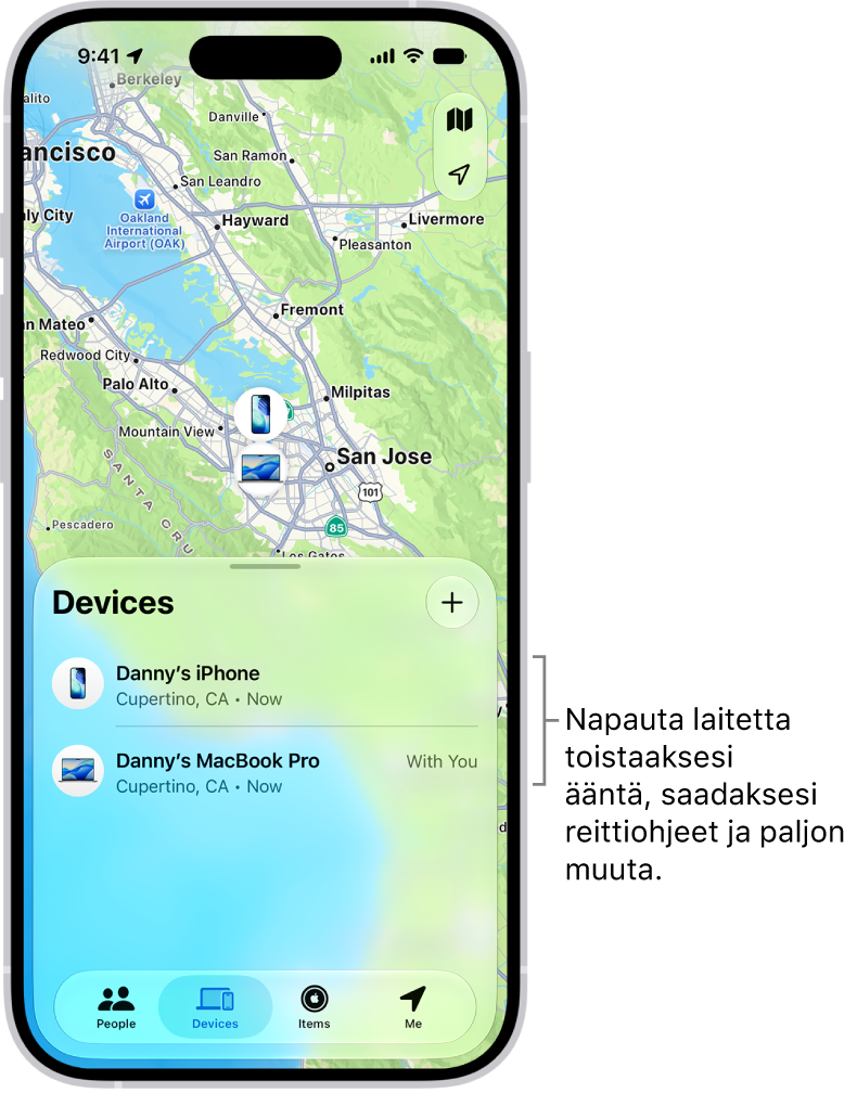 Etsi­apin näytöllä näkyy Laitteet-luettelo. Laitteet-luettelossa on kaksi laitetta: Dannyn iPhone ja Dannyn iPad. Niiden sijainnit näkyvät kartalla.