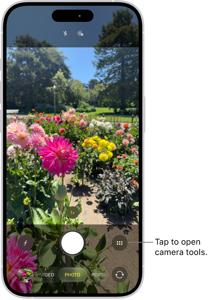 Camera is open in Photo mode. The Camera Controls button is in the top-right corner. The Photo and Video Viewer button is in the bottom-left corner. The Take Picture button is at the bottom center, and the Camera Chooser Back-Facing button is in the bottom-right corner.