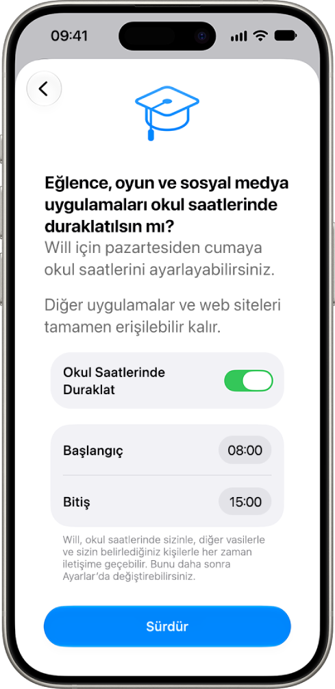 Okul saatleri sırasında aygıt kullanımının duraklatılması gereken saatleri gösteren ebeveyn denetimleri ayarlama ekranı.