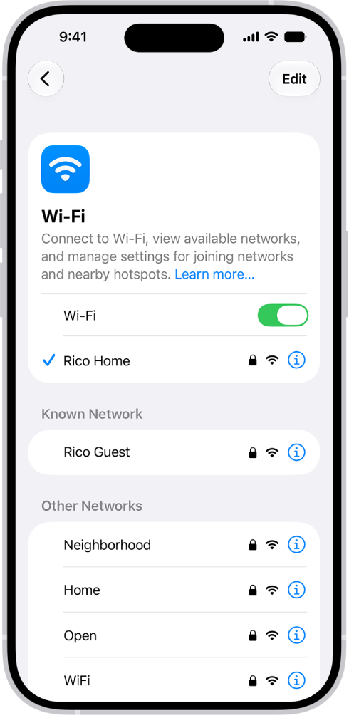 La schermata delle opzioni Wi-Fi in Impostazioni. Il Wi-Fi è attivo ed è selezionata una rete.