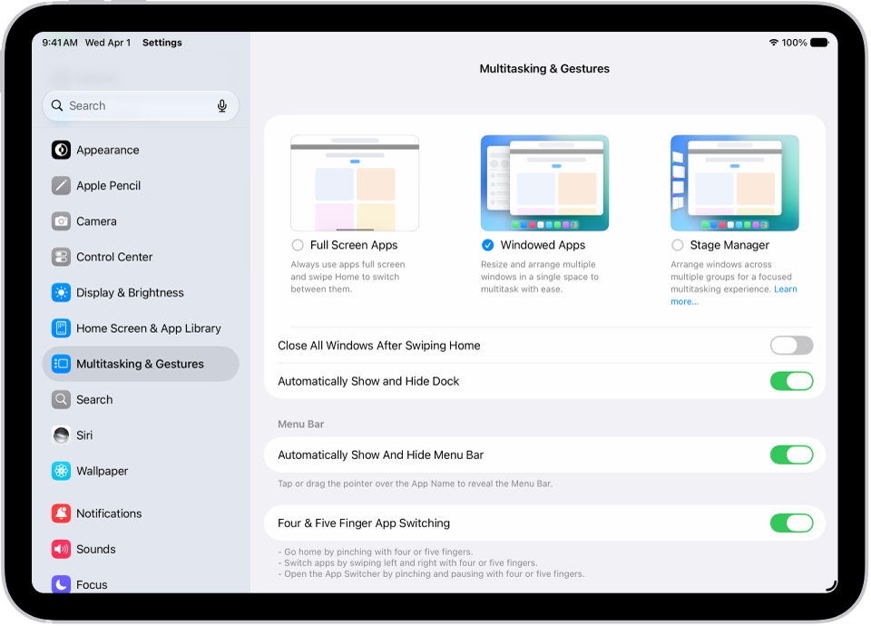 An iPad window showing Multitasking & Gestures settings.
