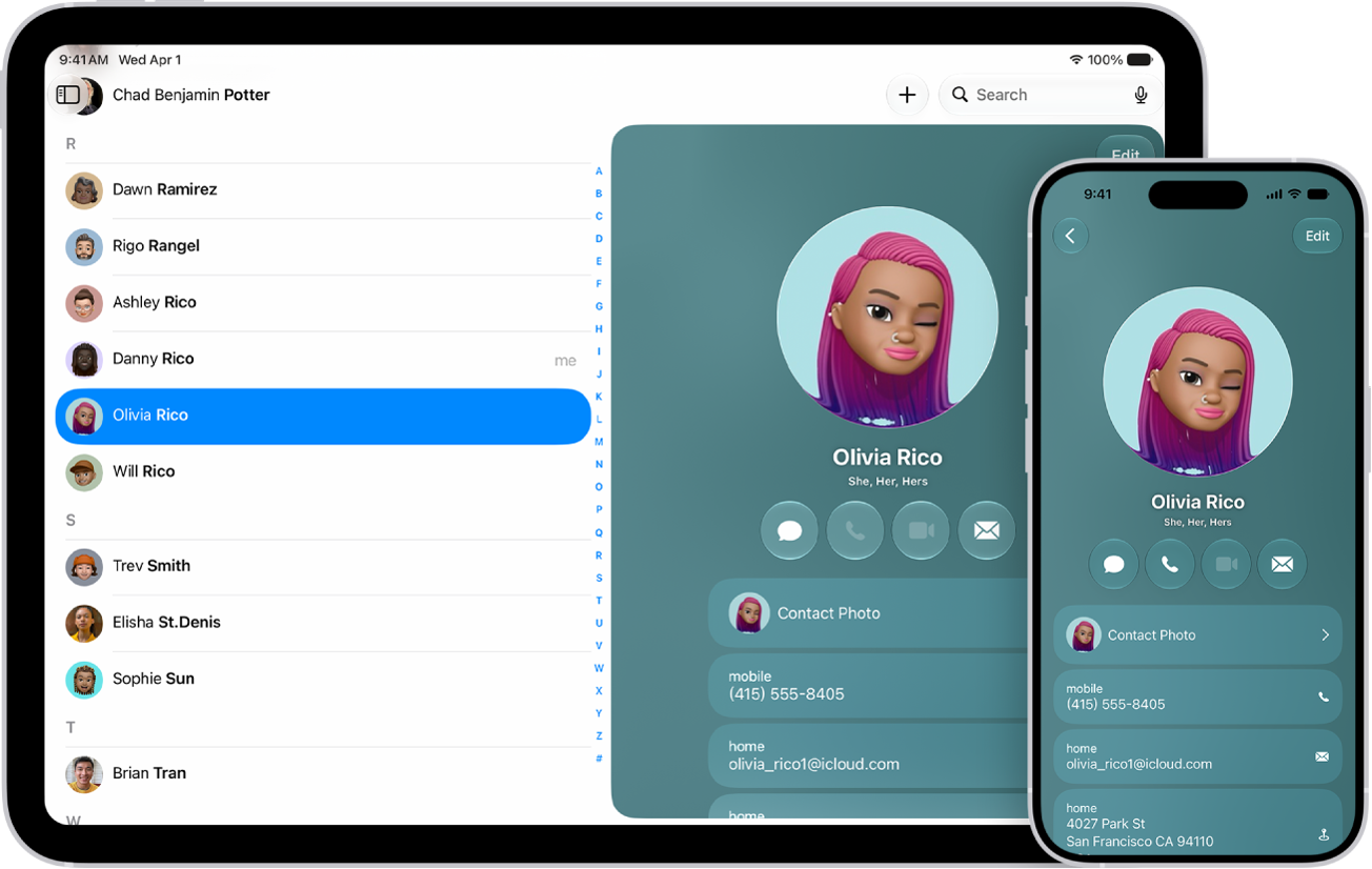 A contacts list on iPad and a contact card on iPhone