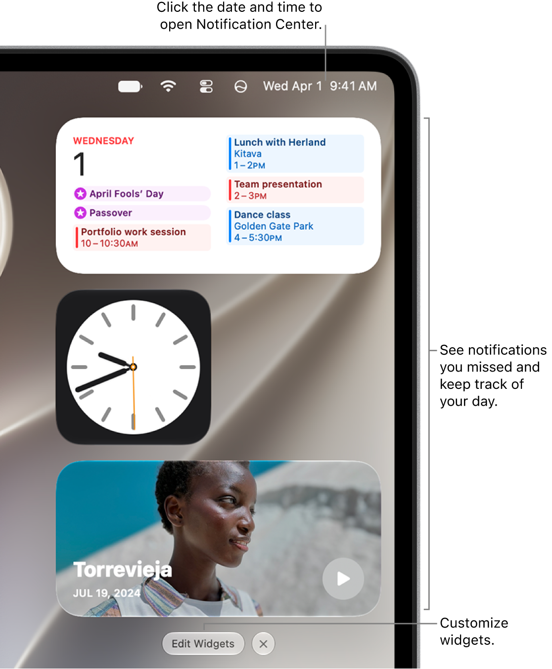 The Notification Center with Calendar, Clock, and Photo widgets.