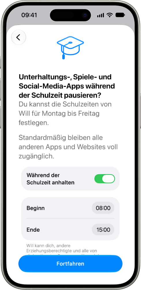 Der Einrichtungsbildschirm der Kindersicherung mit den Stunden, zu denen die Nutzung des Geräts während der Schulzeit pausiert werden soll.