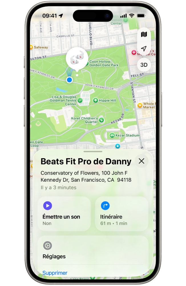 L’écran de l’app Localiser sur l’iPhone indiquant la position des Beats&nbsp;Fit&nbsp;Pro sur un plan de San Francisco.