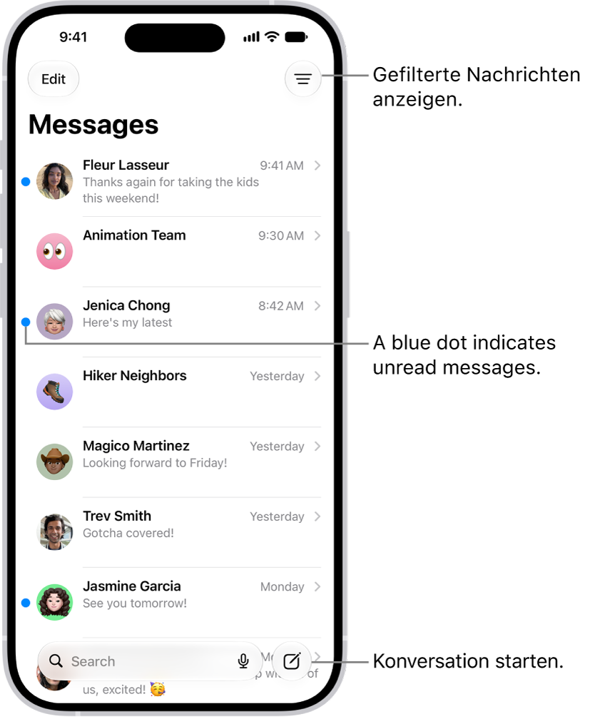 Die Konversationsliste in der App „Nachrichten“ mit der Taste „Erstellen“ unten rechts. Ein blauer Punkt links neben einer Nachricht besagt, dass die betreffende Nachricht noch nicht gelesen wurde.