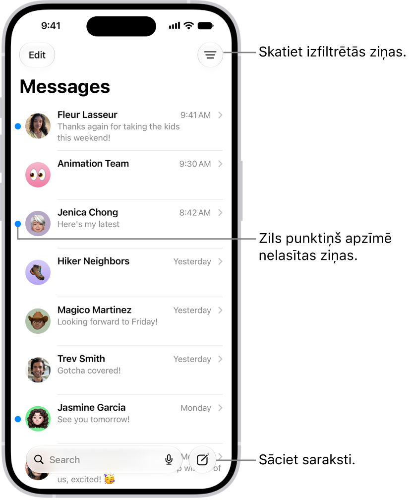 Messages sarunu saraksts ar pogu Compose apakšā pa labi. Zils punktiņš pa kreisi no ziņas norāda, ka tā nav izlasīta.