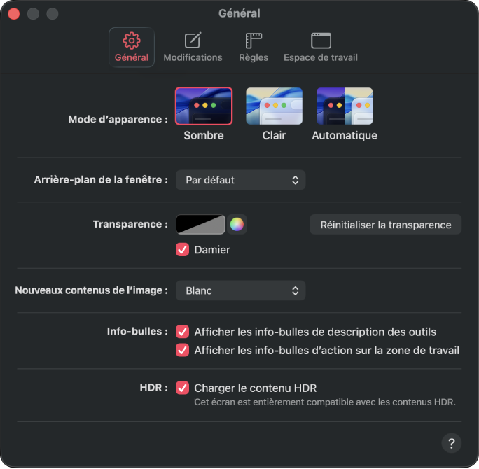 La sous-fenêtre Général des réglages.