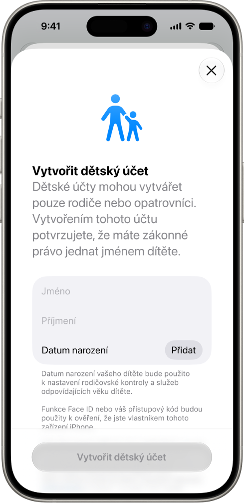 Otevře se obrazovka Vytvořit dětský účet s&nbsp;volbami pro zadání křestního jména, příjmení a&nbsp;data narození dítěte.