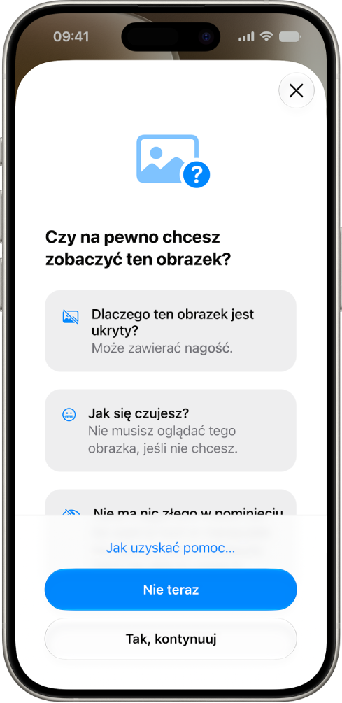 Ekran funkcji Bezpieczeństwo komunikacji przedstawiający ostrzeżenie, że zdjęcie może zawierać wrażliwe treści, wraz z opcjami uzyskania pomocy.