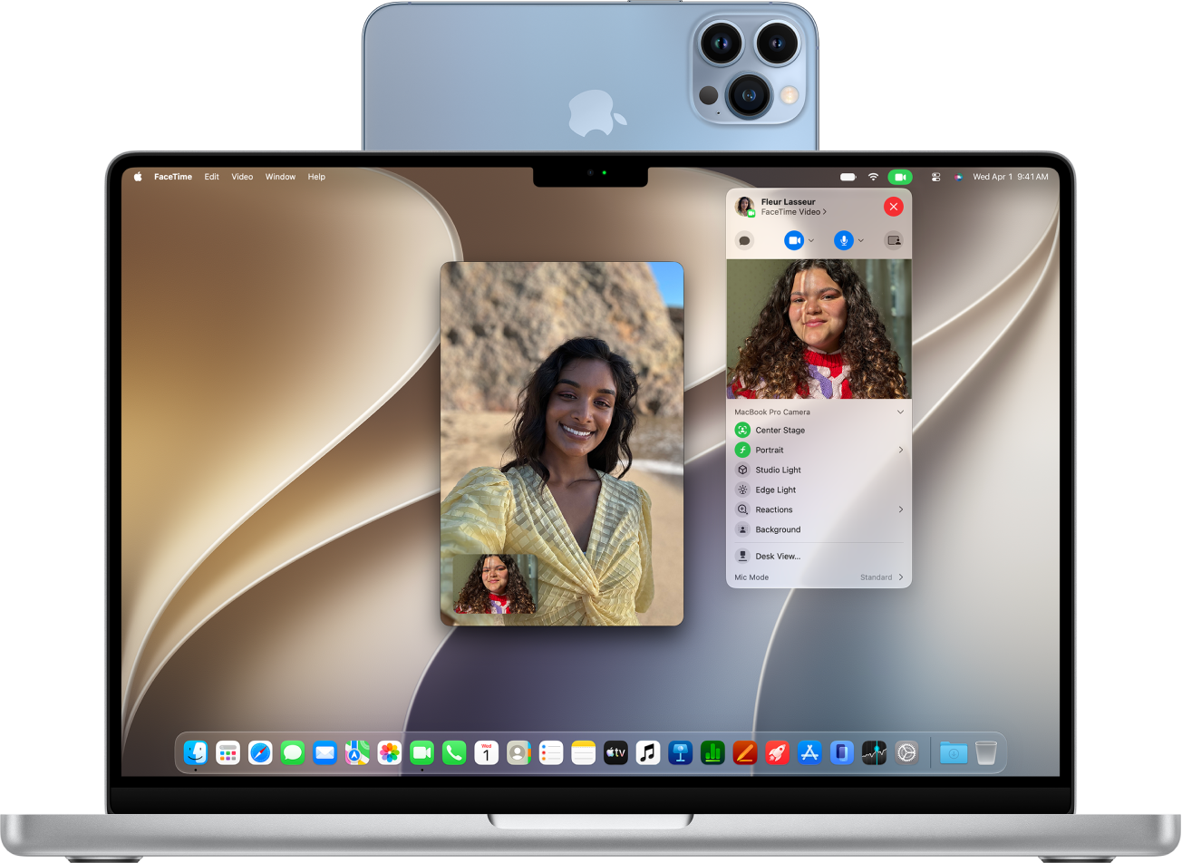 MacBook Pro-তে, iPhone-কে ওয়েবক্যাম হিসাবে ব্যবহার করা হচ্ছে এবং FaceTime কথোপকথন দেখা যাচ্ছে।