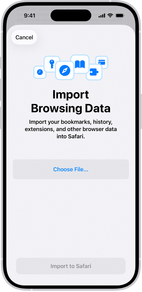 La pantalla Importar datos de navegación, que te solicita que elijas un archivo para importar.