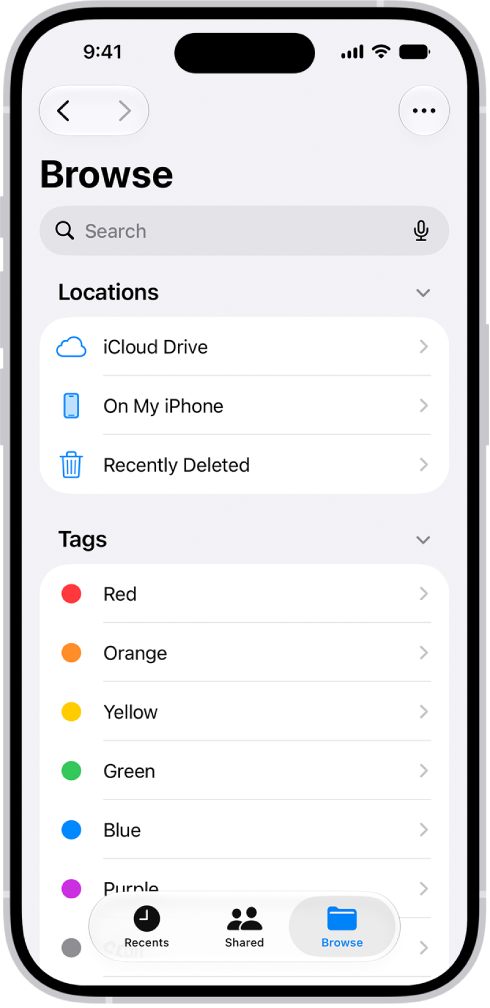 L’app Fichiers affichant plusieurs dossiers et emplacements nommés Téléchargements, Lettres, Famille, etc. En bas de l’écran se trouvent les boutons Fichiers récents, Fichiers partagés et l’onglet Parcourir.