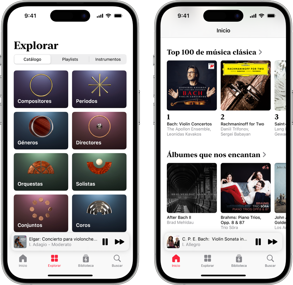 Dos dispositivos iPhone muestran varias maneras de buscar música clásica. El primero muestra la pestaña Explorar, en la que puedes navegar por las secciones Catálogo, Playlists e Instrumentos. El segundo muestra la pestaña Inicio con los álbumes más escuchados y los Classical Top 100, en la parte superior.
