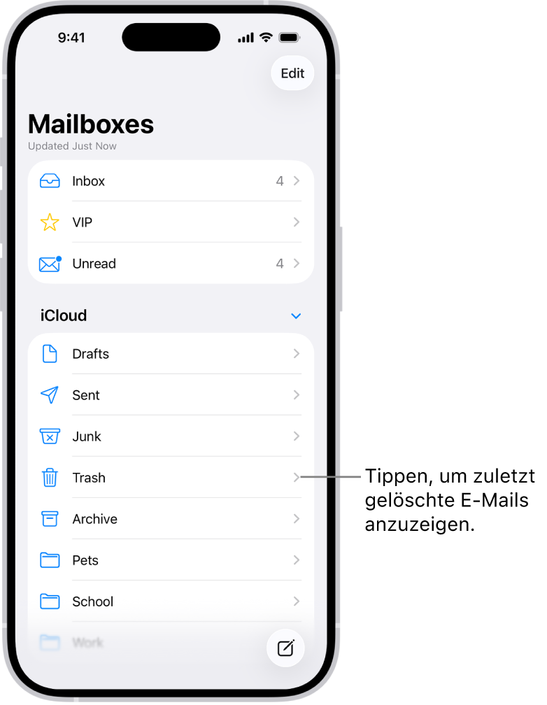 Der Bildschirm „Postfächer“. Unter „iCloud“ sind von oben nach unten Postfächer aufgelistet, darunter das Postfach „Papierkorb“. Tippe darauf, um die zuletzt gelöschten Nachrichten zu sehen.