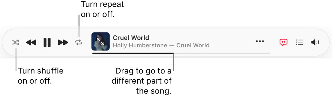 The top of Apple Music with a song playing. The playback controls are at the far left. 