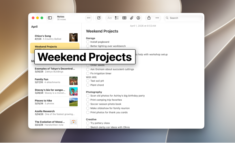 The Notes app is open on the desktop, and the pointer is held over a title. A large version of the text in the title is displayed.
