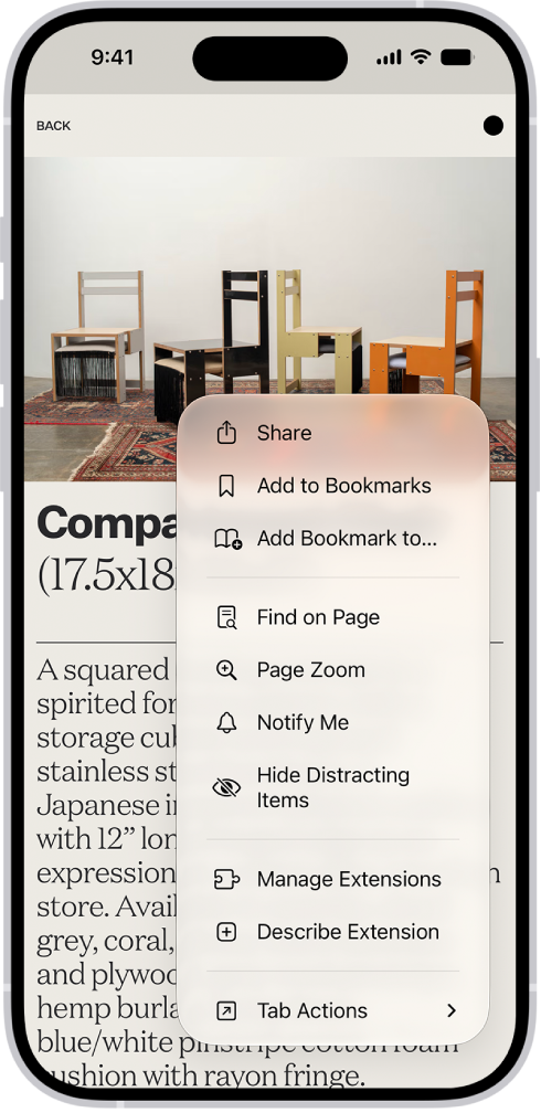 In Safari, the Page Menu button on a website has been tapped, revealing options including Manage Extensions near the bottom of the screen.