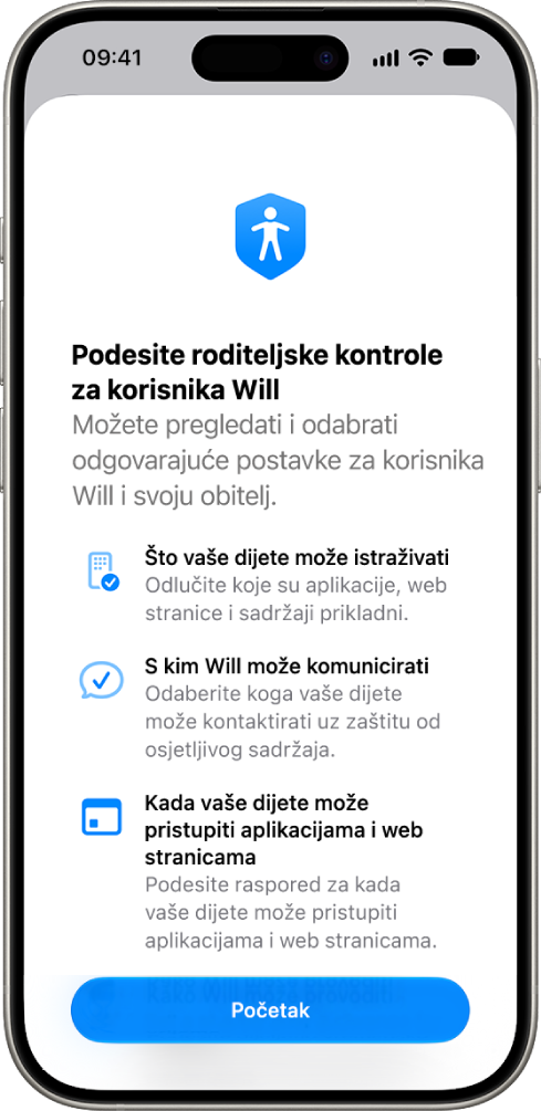 Zaslon za podešavanje roditeljskih kontrola s opcijama za početak.