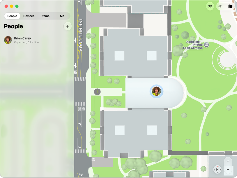 The Find My app showing a list of friends in the sidebar and their locations on a map.