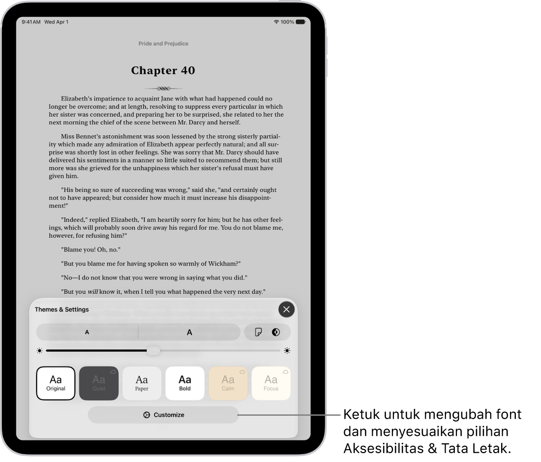 Halaman buku di app Buku. Pilihan Tema & Pengaturan menampilkan kontrol untuk ukuran font, tampilan pengguliran, gaya membalik halaman, kecerahan, dan gaya font.