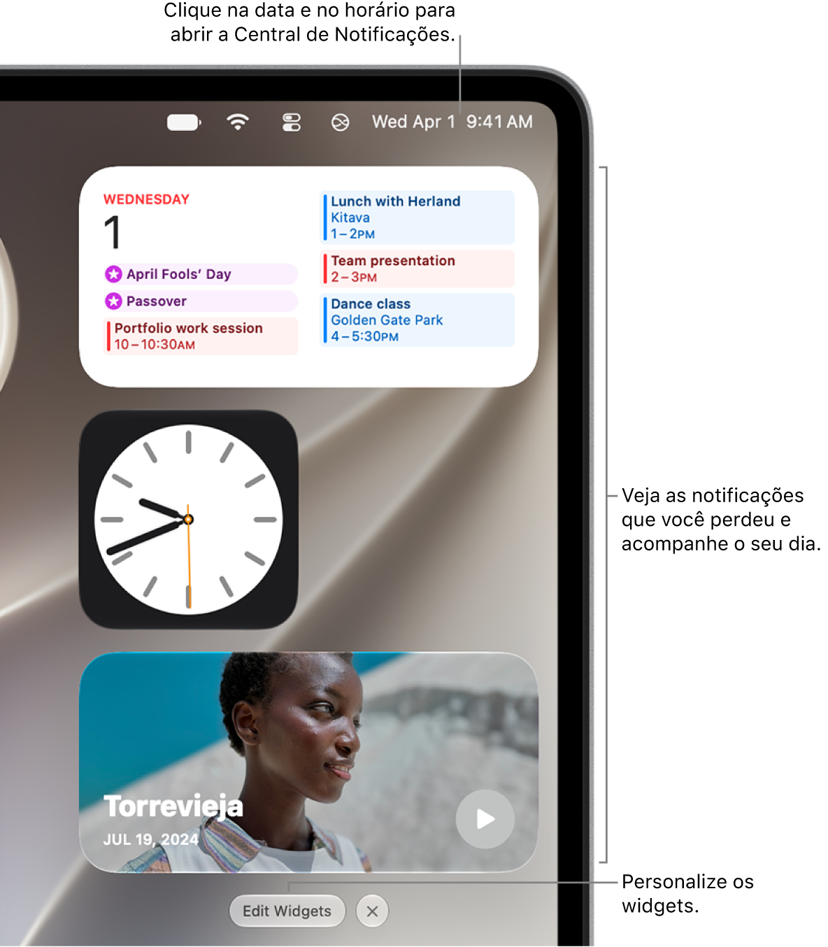 A Central de Notificações com os widgets dos apps Calendário, Relógio e Fotos.